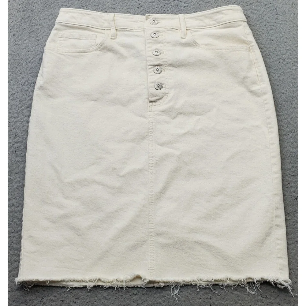 Banana Republic Jean Mini Skirt Women 10 Tan Stretch Denim Frayed Hem Button-Fly